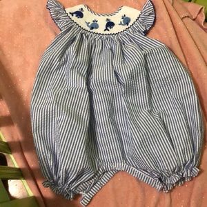 Seersucker smocked bubble suit - whales